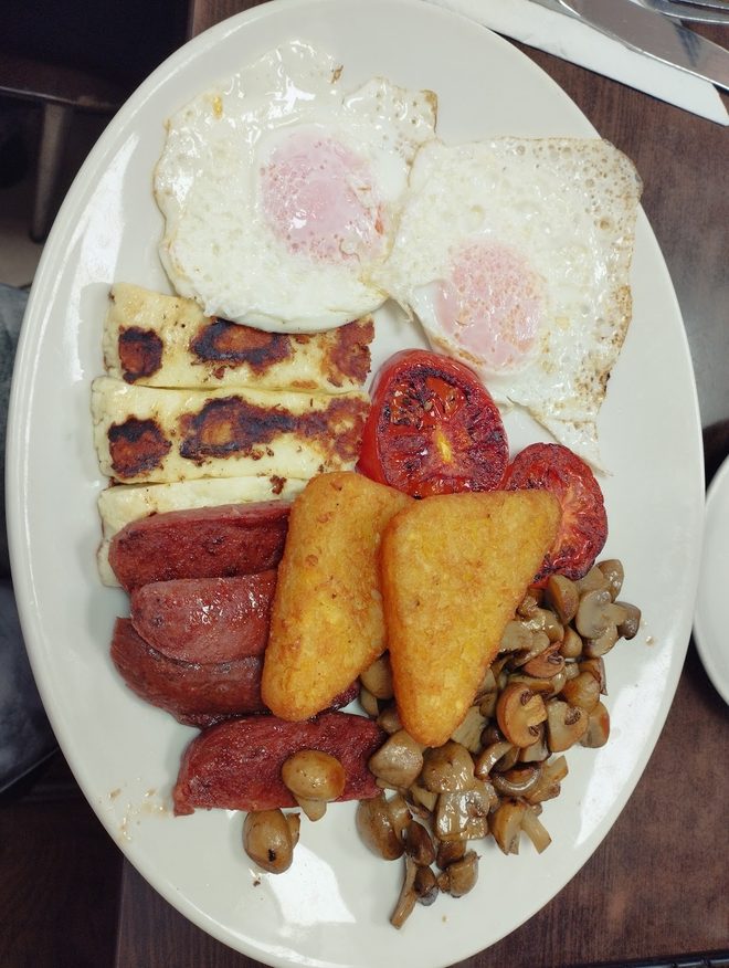 Turkish breakfast with halloumi and sucuk