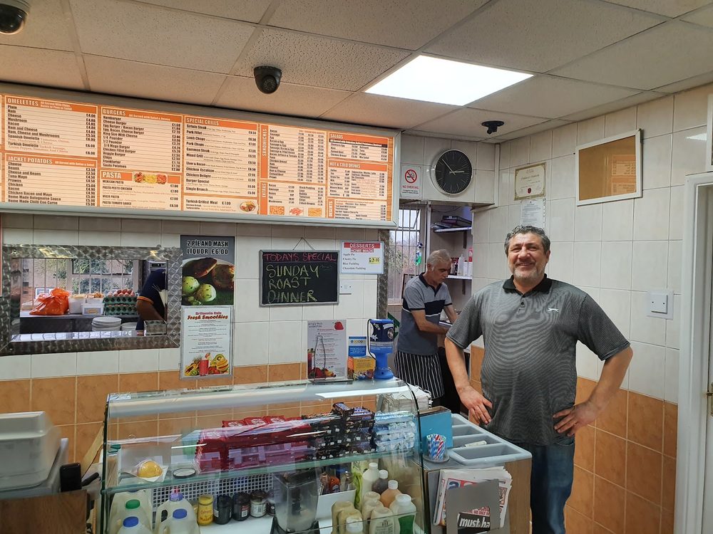 The counter and chilled display inside Britannia Cafe, Rainham